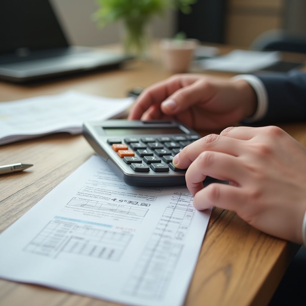 Person using a calculator on a desk with papers, likely for financial calculations.
