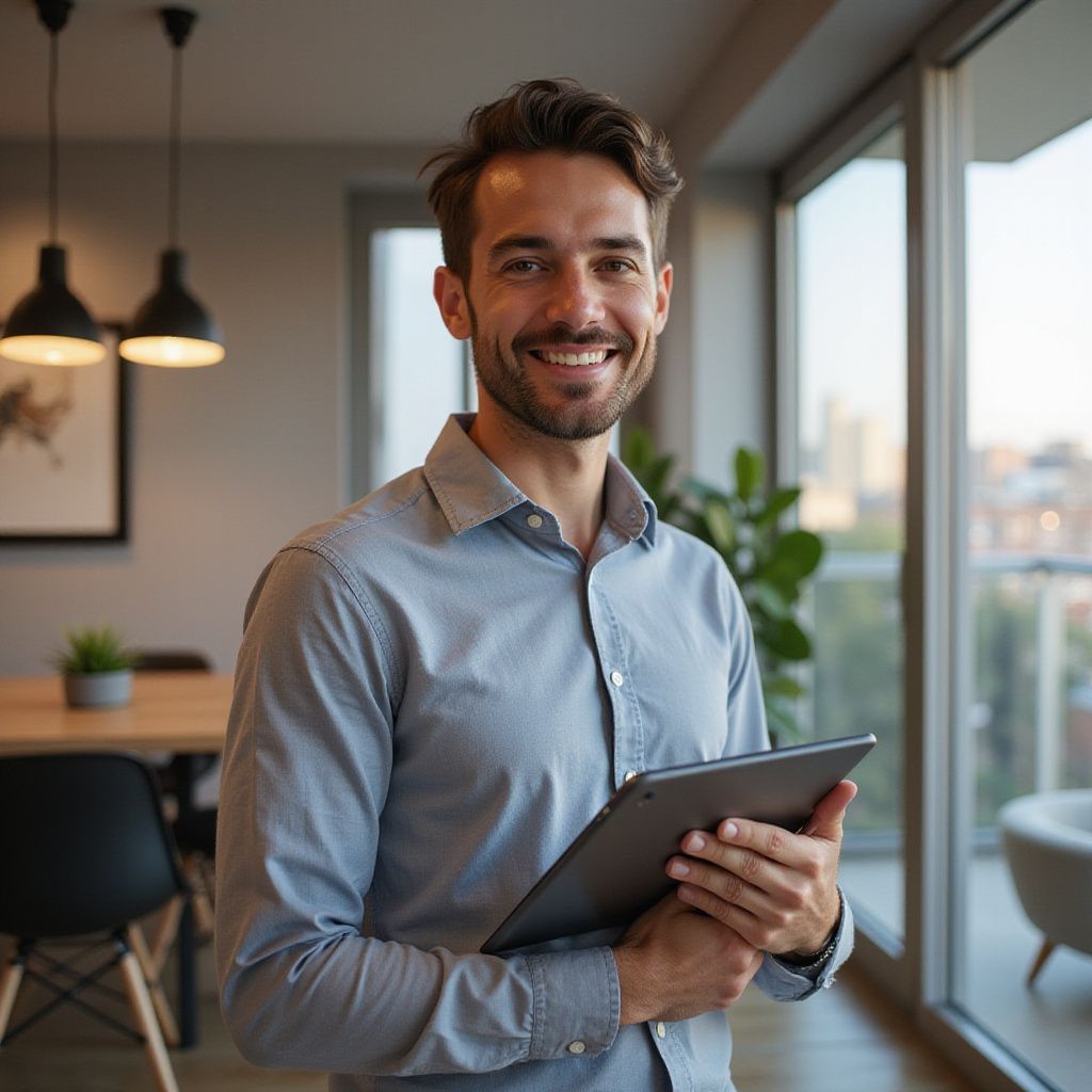 Man holding tablet, smiling in modern office with large windows.