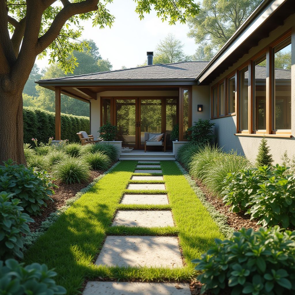 Stone path leads to a home's covered patio, lined with green grass and shrubs.