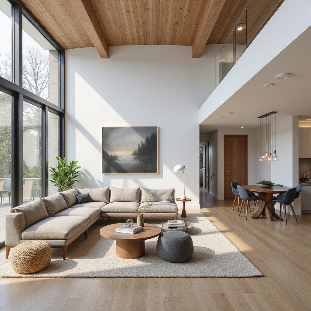 Modern living room with neutral colors, large windows, and high ceilings.