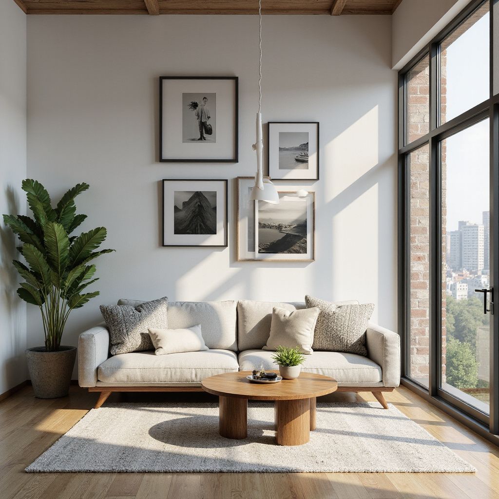 Living room with couch, coffee table, rug, artwork, and large window.
