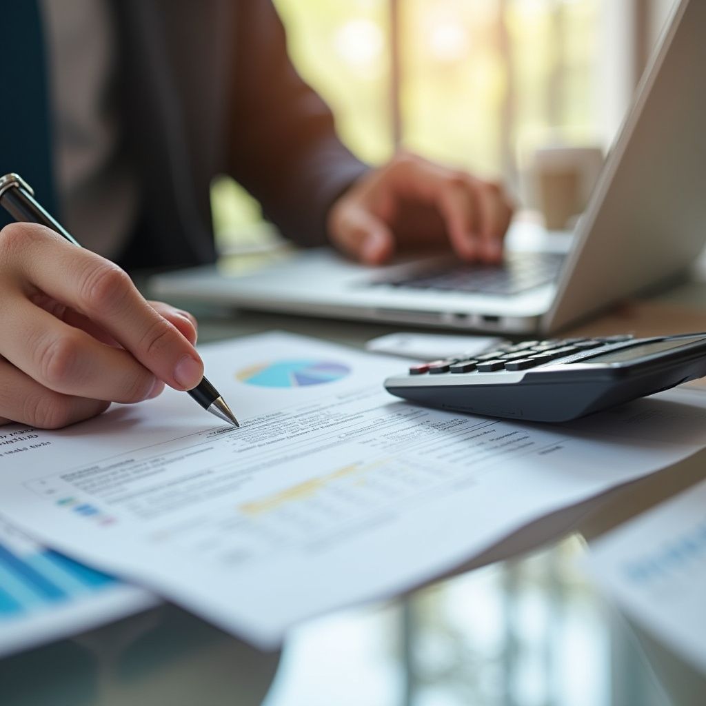 Person in suit using a laptop, calculator, and reviewing financial documents with graphs.