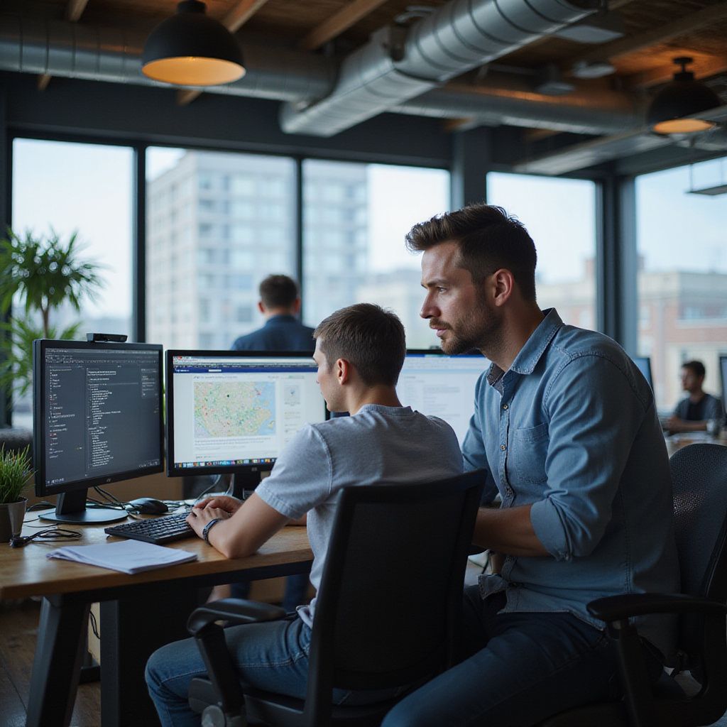Two men collaborating at computers in a modern office, one pointing at the screen.