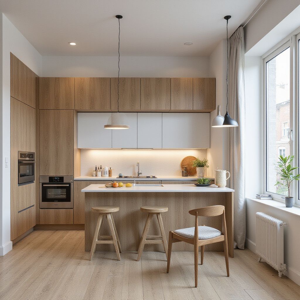 Modern kitchen with light wood cabinets, white countertops, and bar stools. Natural light from a large window.