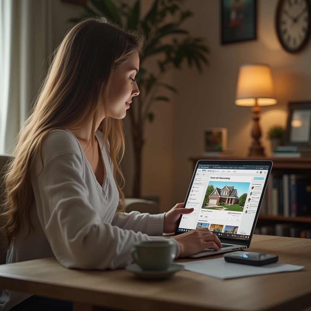 Woman at table looking at a laptop displaying real estate listings. A cup and phone are nearby.