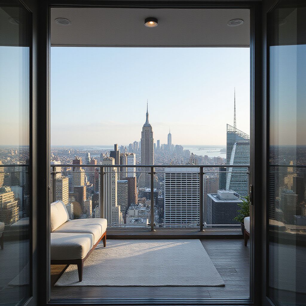 Balcony overlooking New York City skyline with Empire State Building. Beige couch and rug. Sunny day.