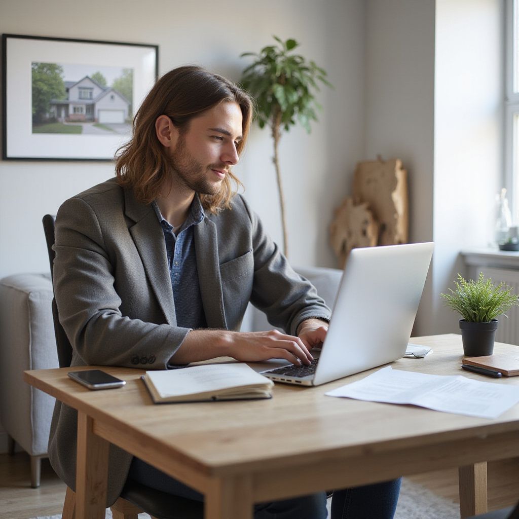 Man working on a laptop at a wooden desk in a well-lit room, smiling. A notebook, phone, and plant are present.