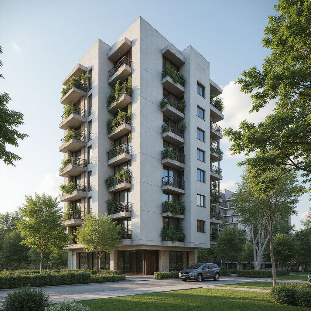 Modern white apartment building with balconies filled with plants; car parked out front.