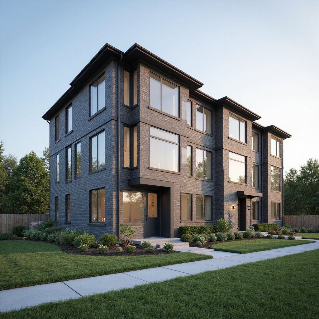 Modern brick townhouse with large windows, set on a manicured lawn, under a clear sky.