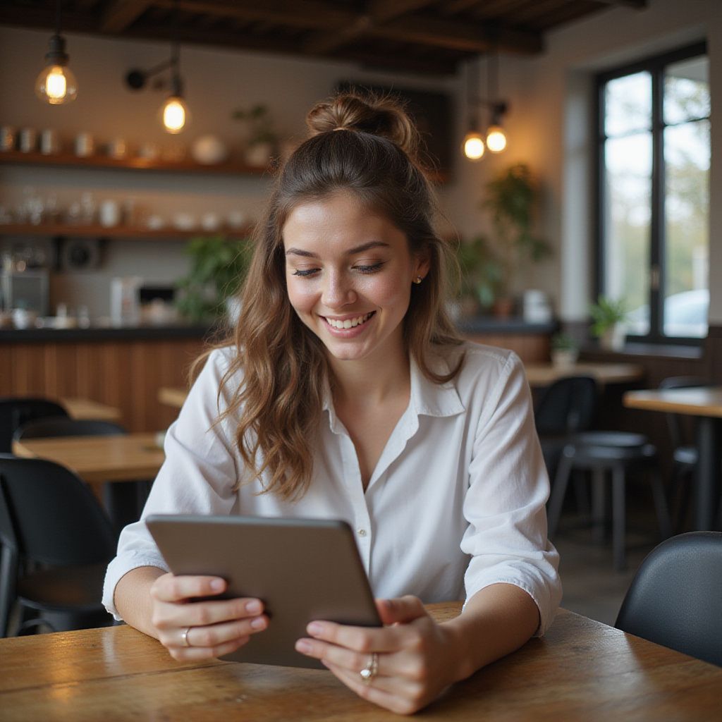Woman smiles while looking at a tablet at a cafe table.