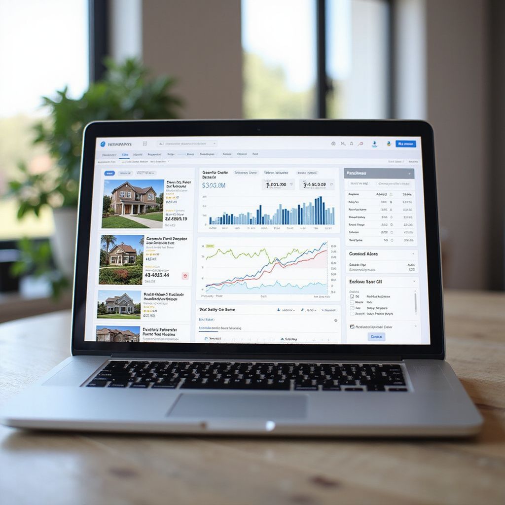 Laptop displaying real estate data with graphs, house photos, and a blurred background.