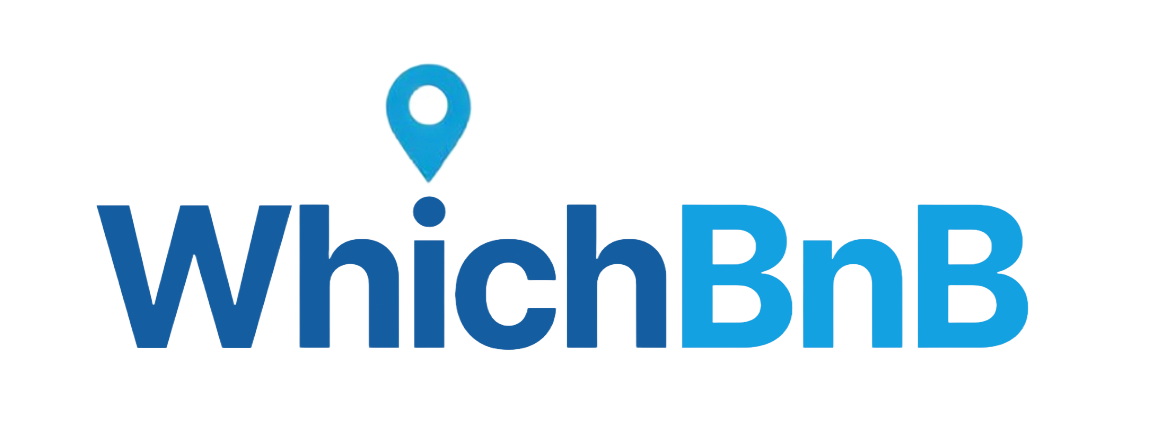 WhichBnB logo with a blue map pin above the text.