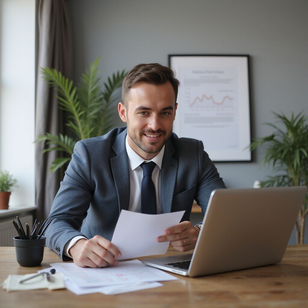 Man in suit smiling, holding papers, working on a laptop at a desk in a well-lit office.