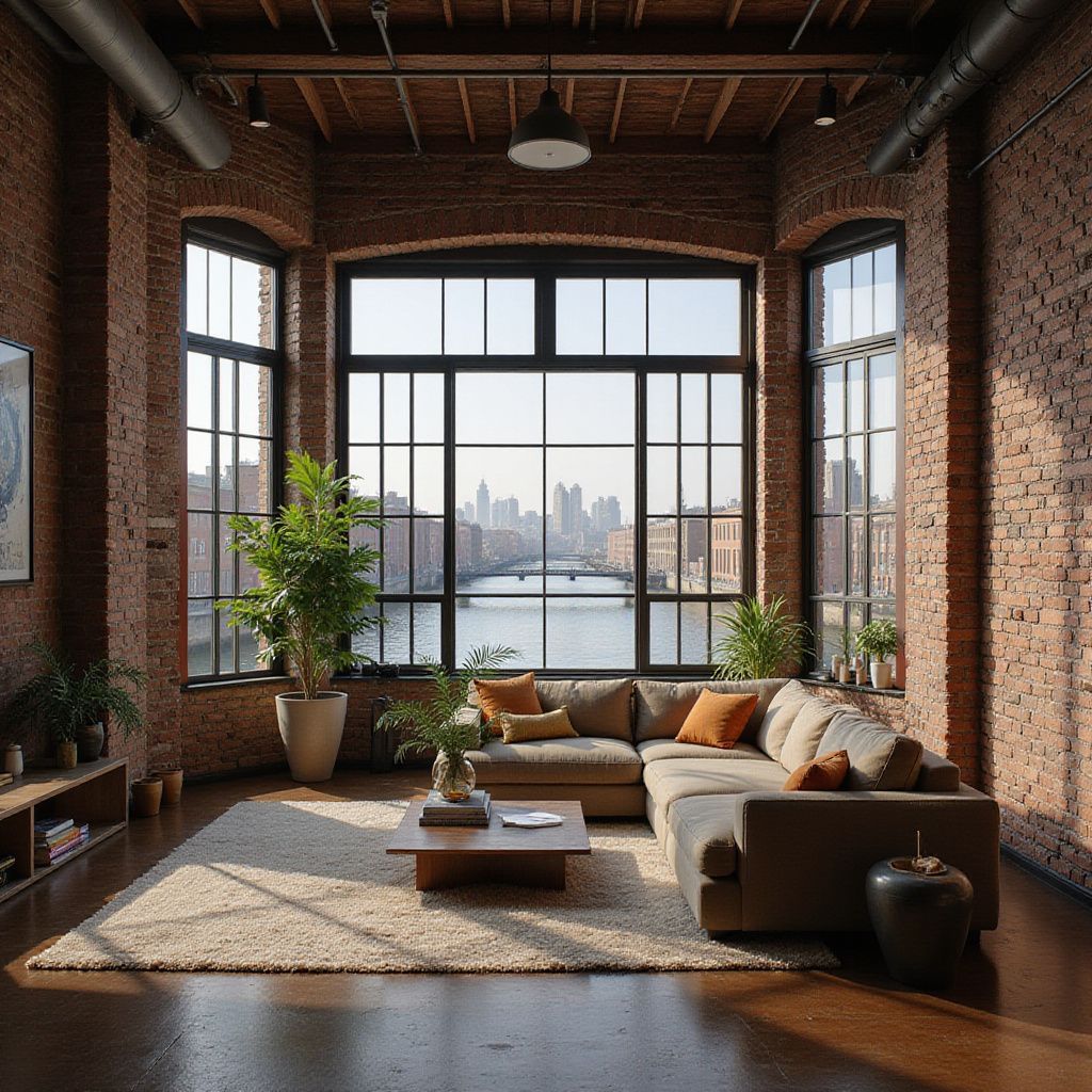 Loft living room with large windows, exposed brick walls, sectional sofa, city view.
