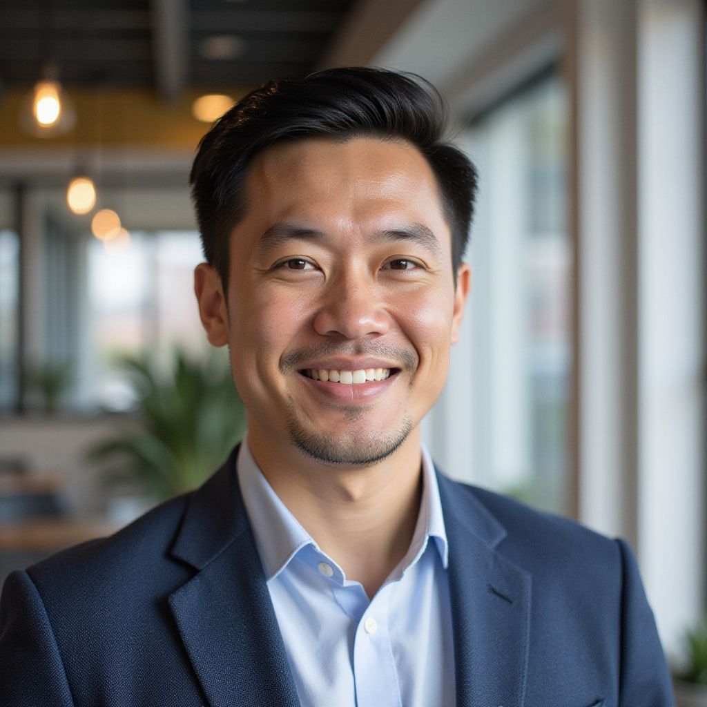 Smiling man in a blue suit, light blue shirt, indoors, soft focus background.