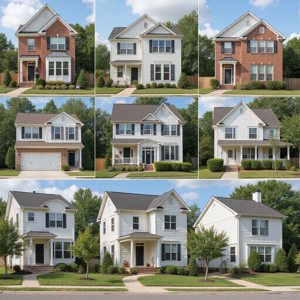 Nine houses, various styles, two-story, white, beige, and brick exteriors, trees, and blue sky.