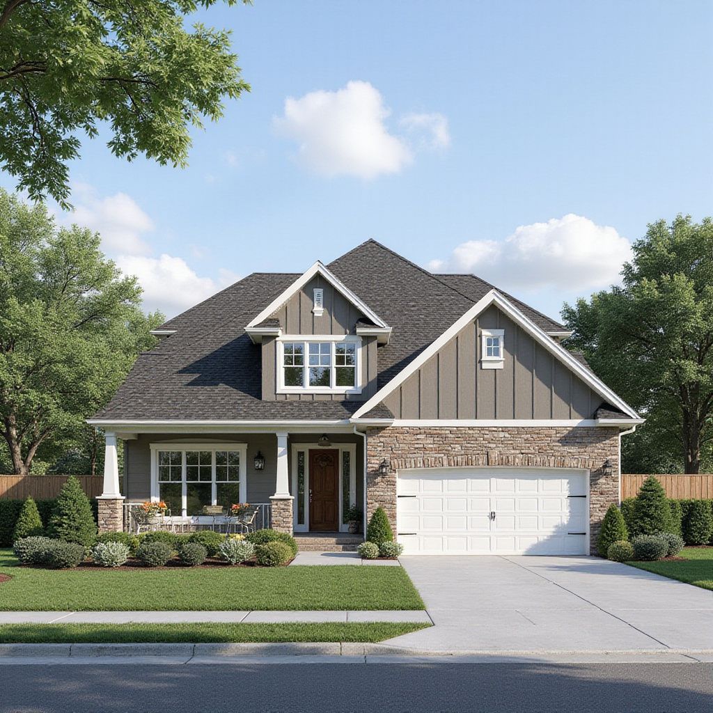 House exterior with gray siding, stone accents, and a white garage door under a blue sky.