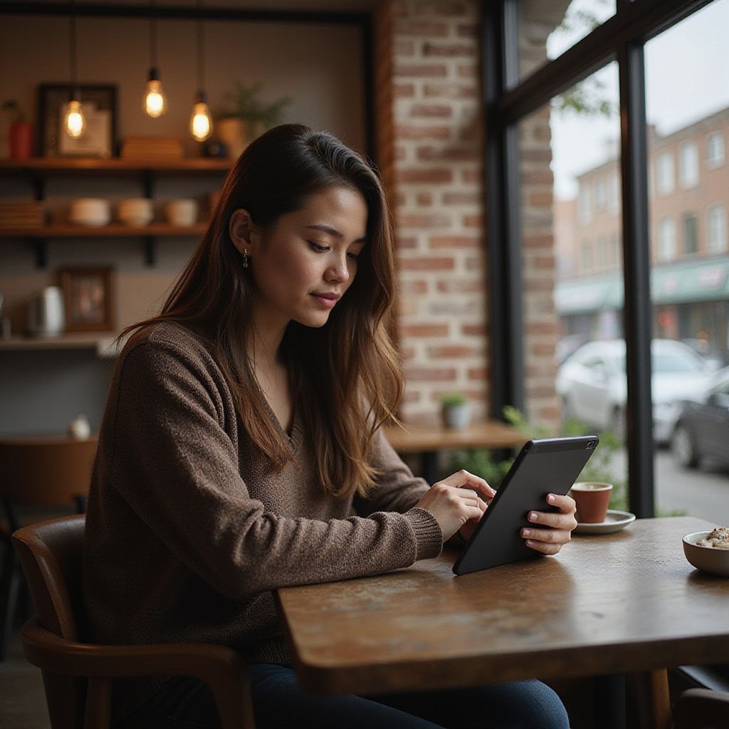 Woman at a cafe, using a tablet. Brown sweater, wooden table, near window.