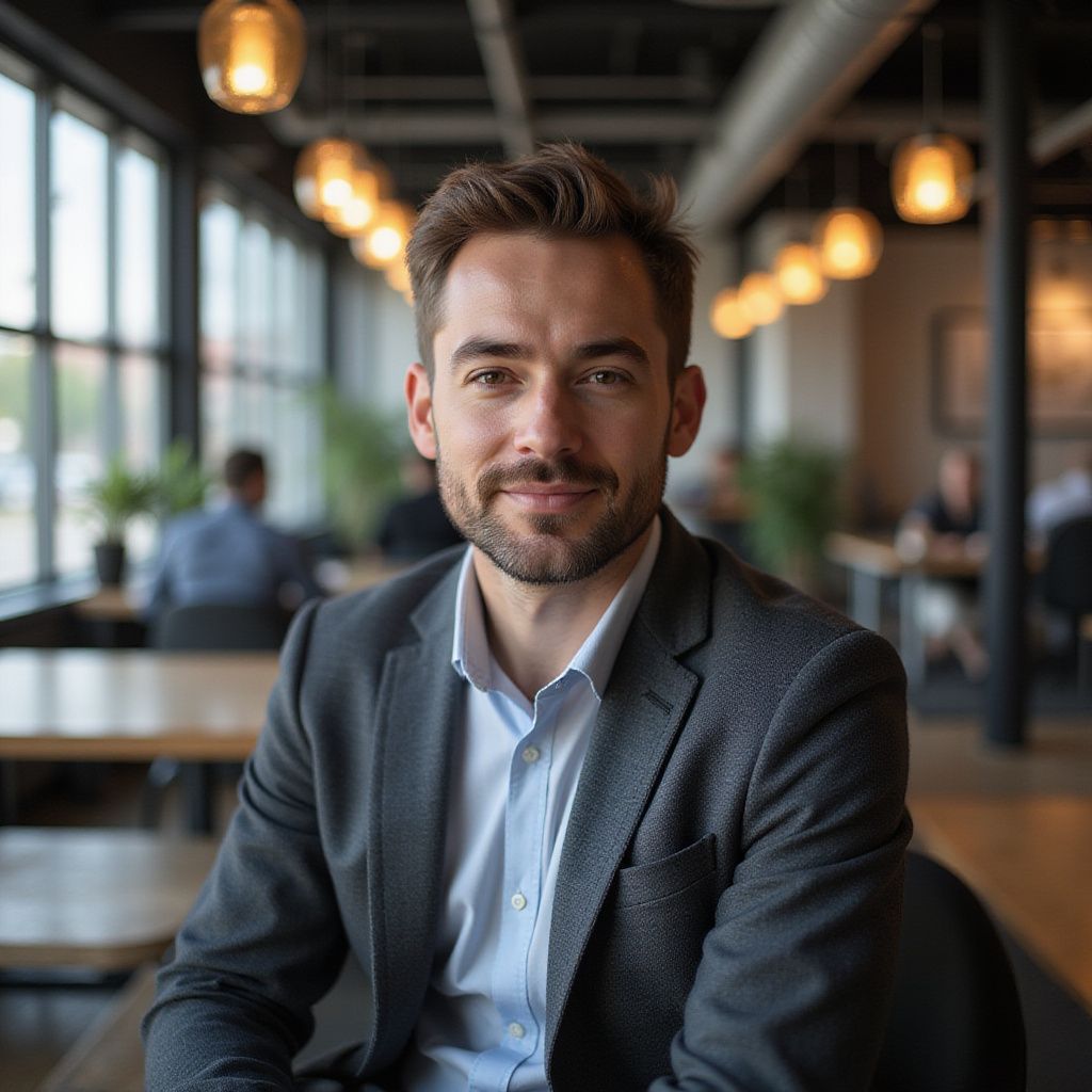 Man in a suit smiles, seated indoors, likely an office. Soft lighting, blurred background with other people.
