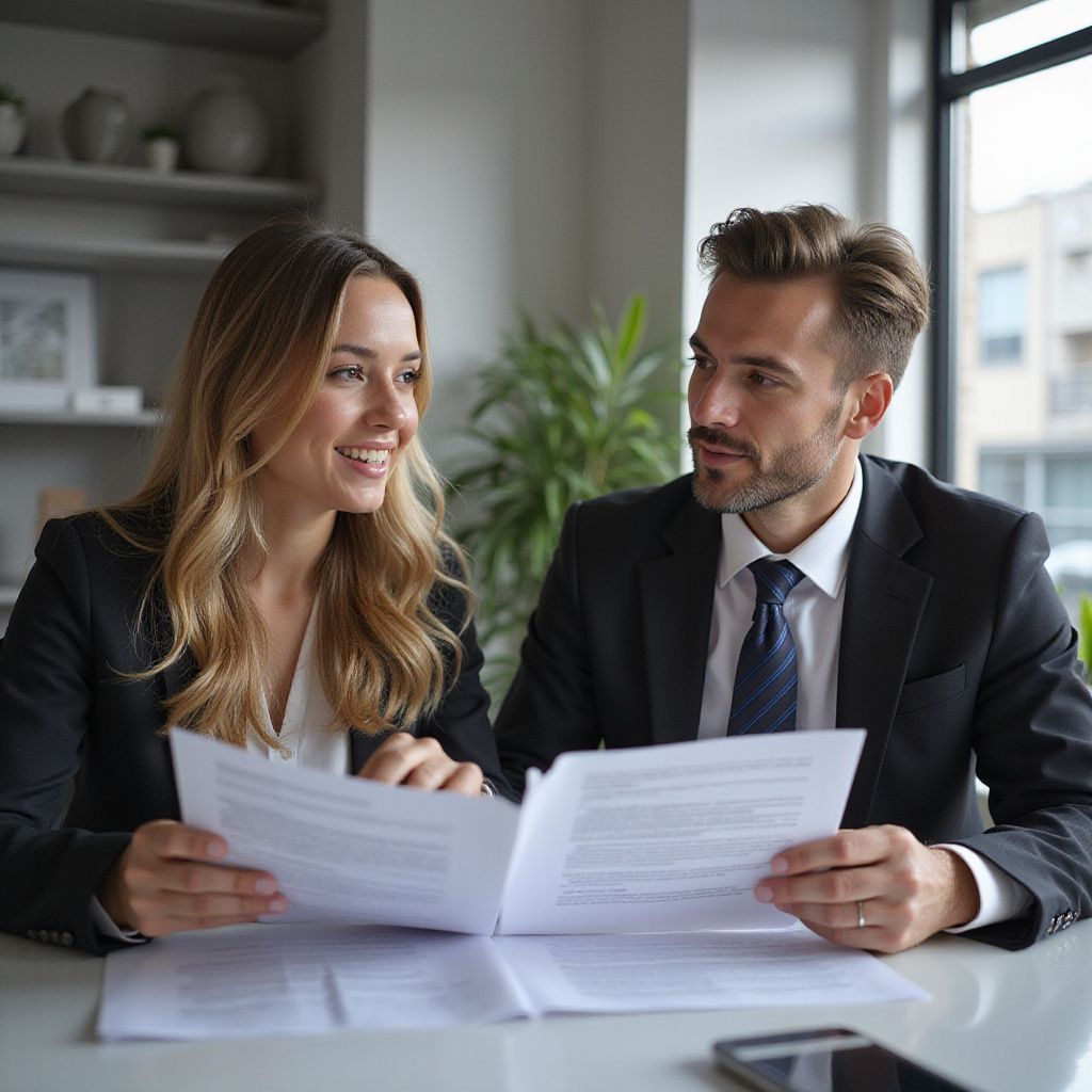 Woman and man in suits reviewing documents, smiling, indoors.