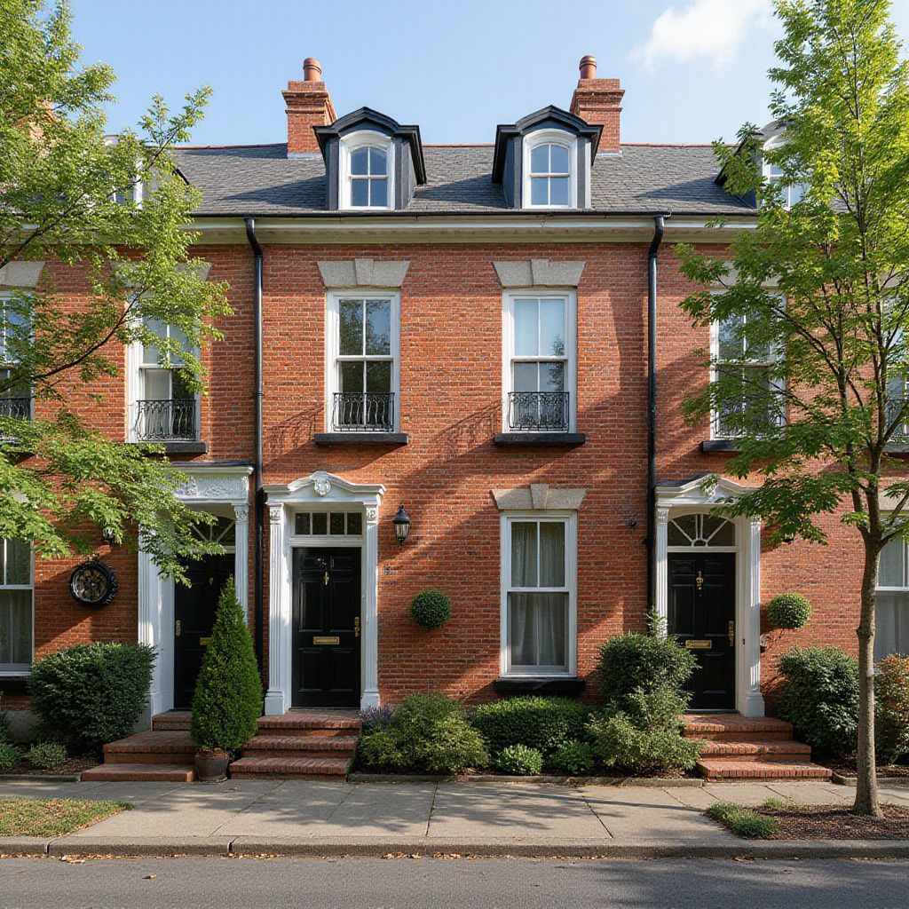 Row of red brick townhouses with black doors and white trim.