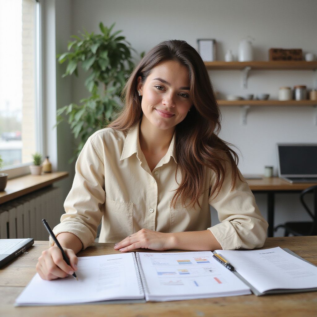 Woman writing at a wooden desk with papers and a pen, smiling, in a well-lit room.