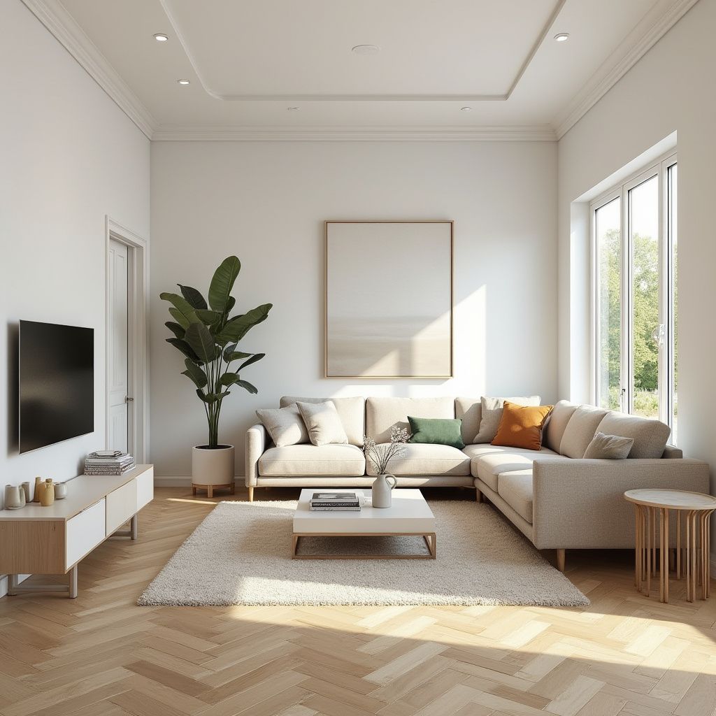 Modern living room with sectional sofa, TV, and large windows. Beige and white tones, sunlight.