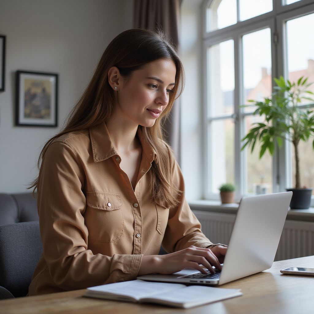 Woman working on a laptop at a wooden desk near a window, smiling.