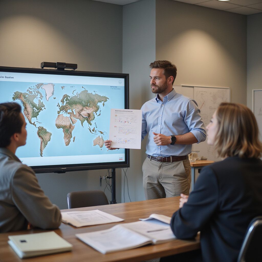 Man presenting to colleagues with a world map and document in a modern office setting.