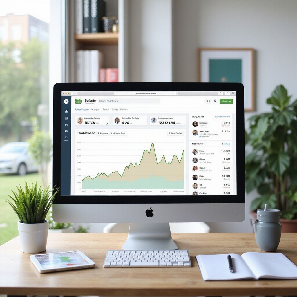 Desktop computer displaying a stock market graph, on a wooden desk.