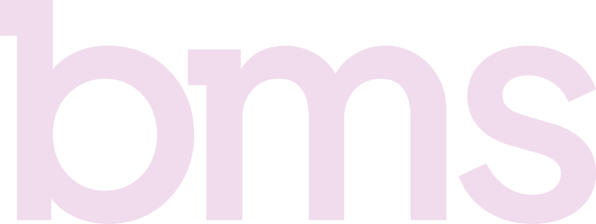 Pale pink lowercase “bms” letters on a light background