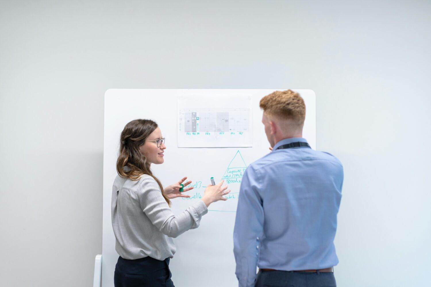 Two coworkers discuss charts on a wall in a bright office.