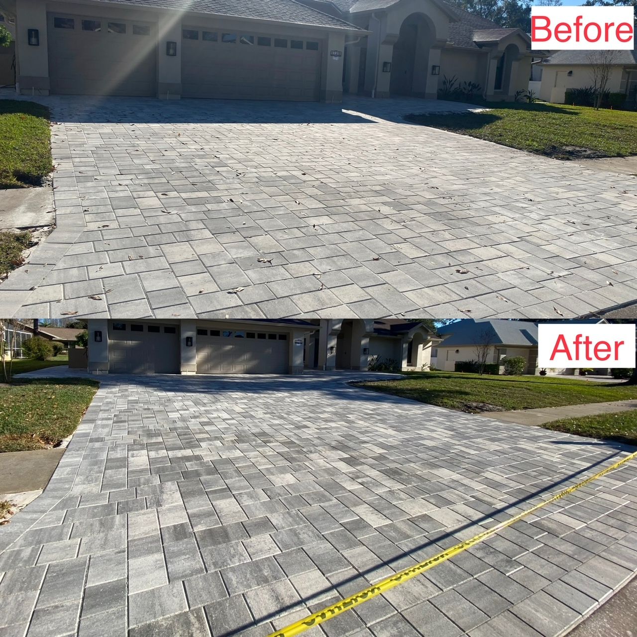 White/Pewter Pavers  on driveway Before and After cleaning and sealingin Tampa, FL