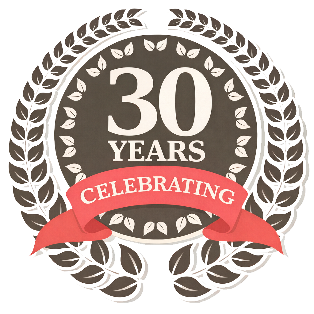 30th anniversary badge with laurel wreath and ribbon.