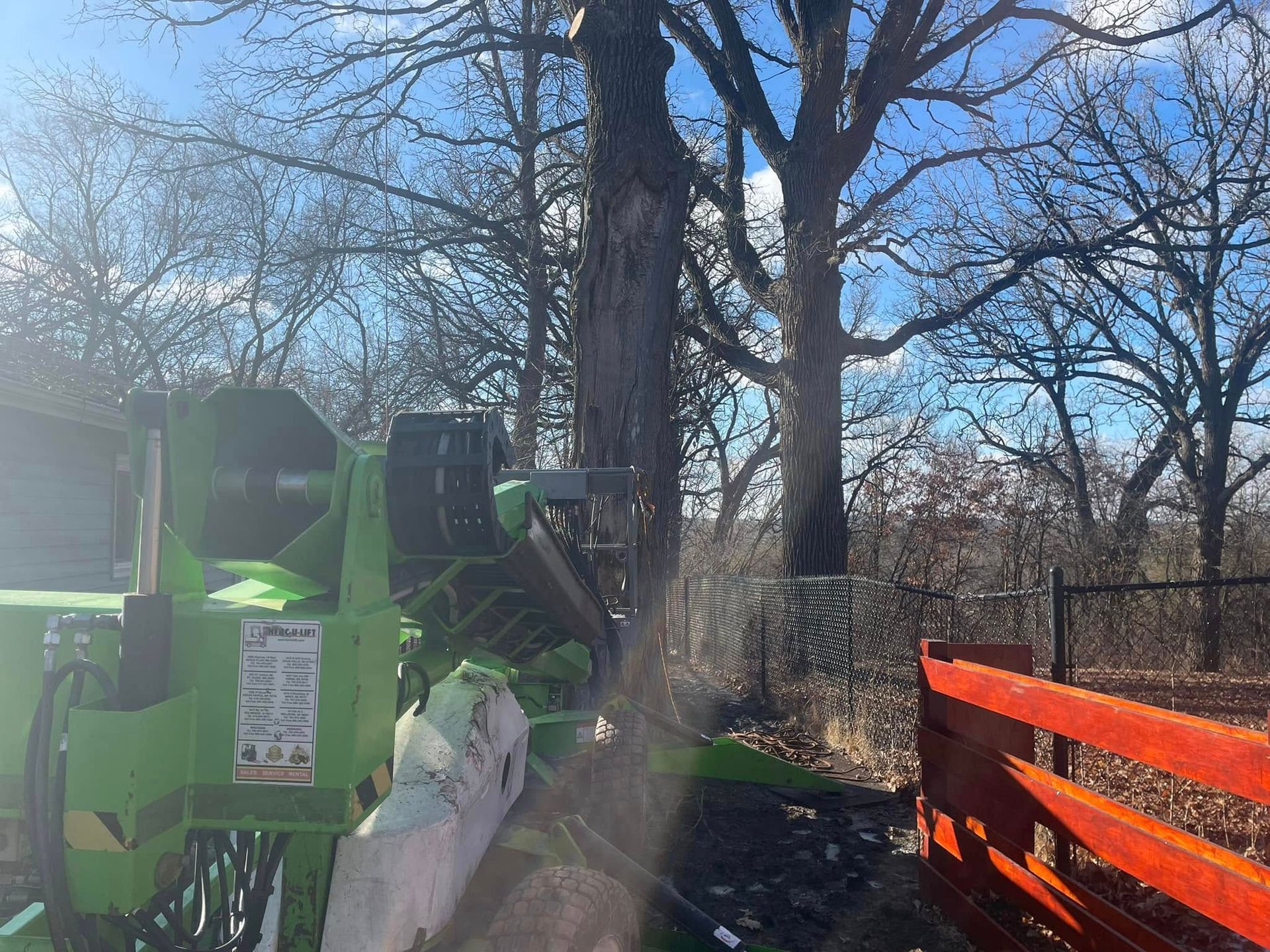 A green machine is cutting a tree in the woods.