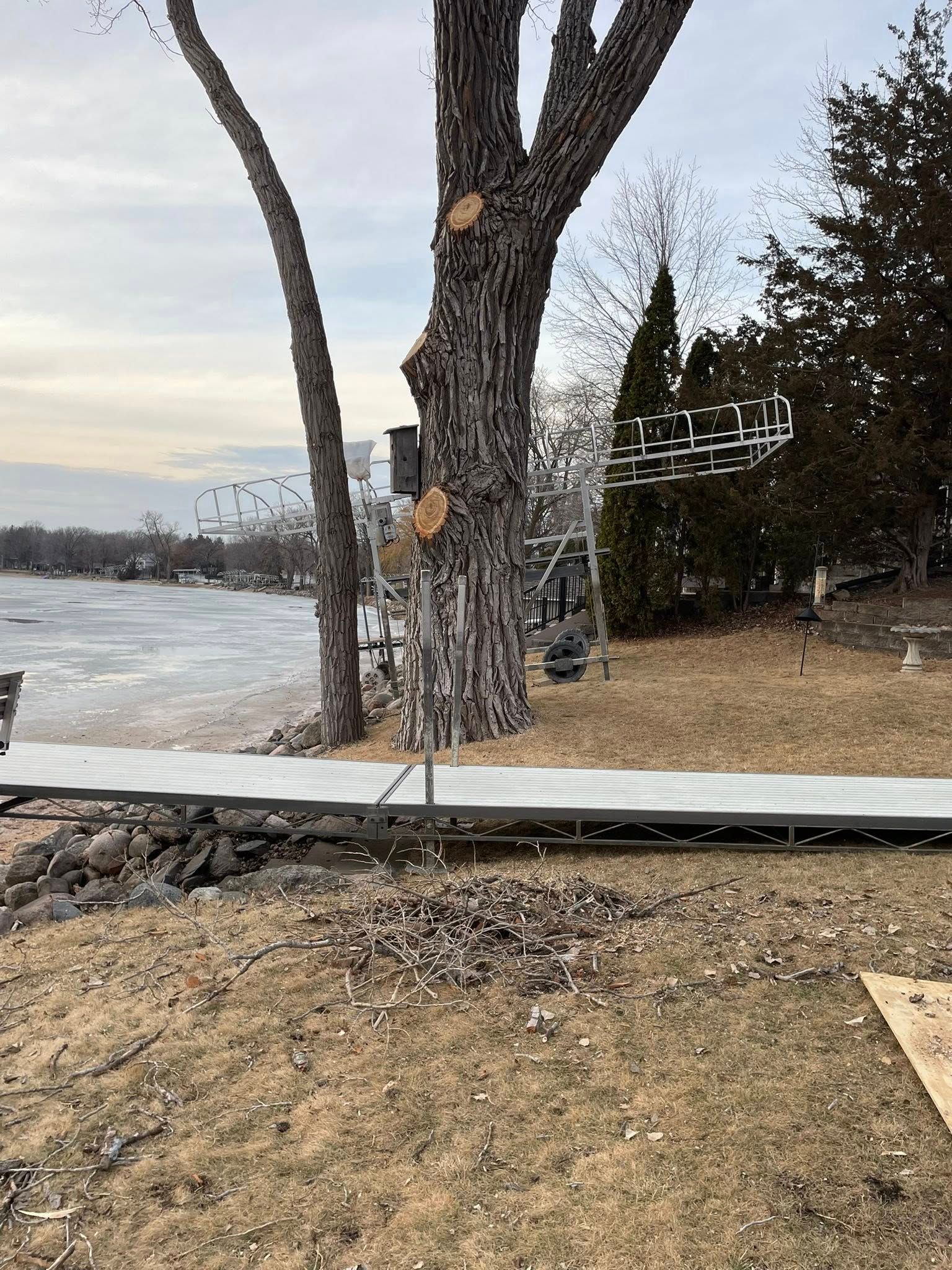 A wooden walkway leading to a lake with a tree in the foreground.