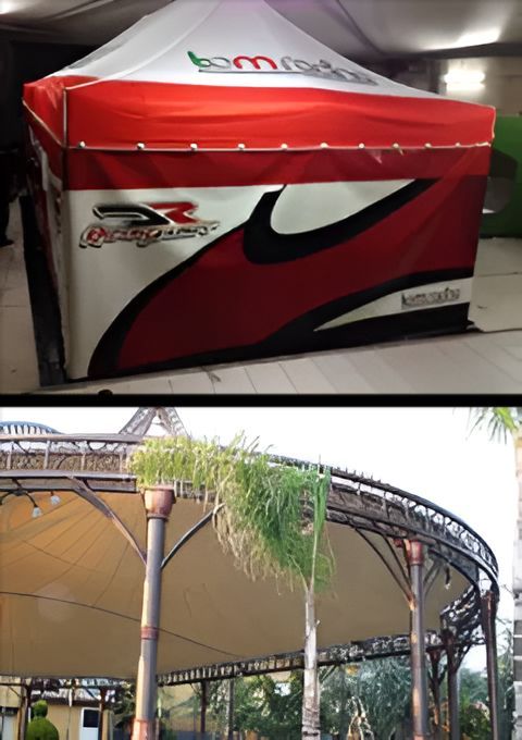 In alto: tendalino con marchio rosso e bianco. In basso: tenda da sole ad arco per esterni.