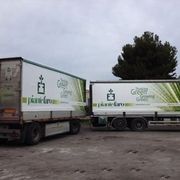 Due semirimorchi bianchi con loghi verdi parcheggiati all'aperto.