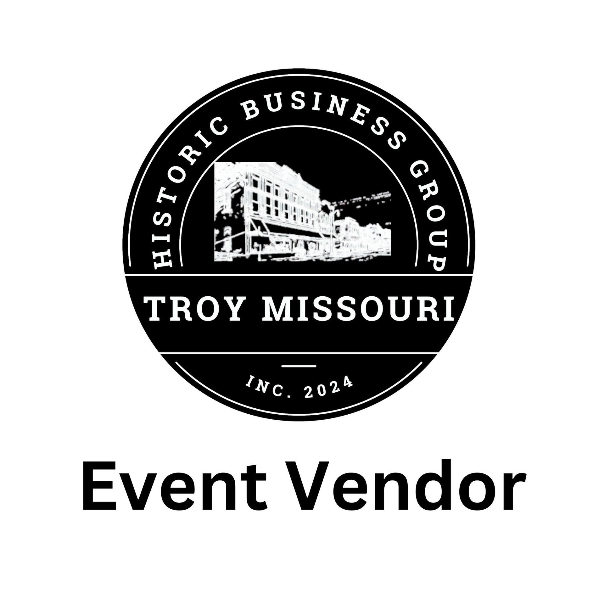 A black and white logo for troy missouri historic business group event vendor.