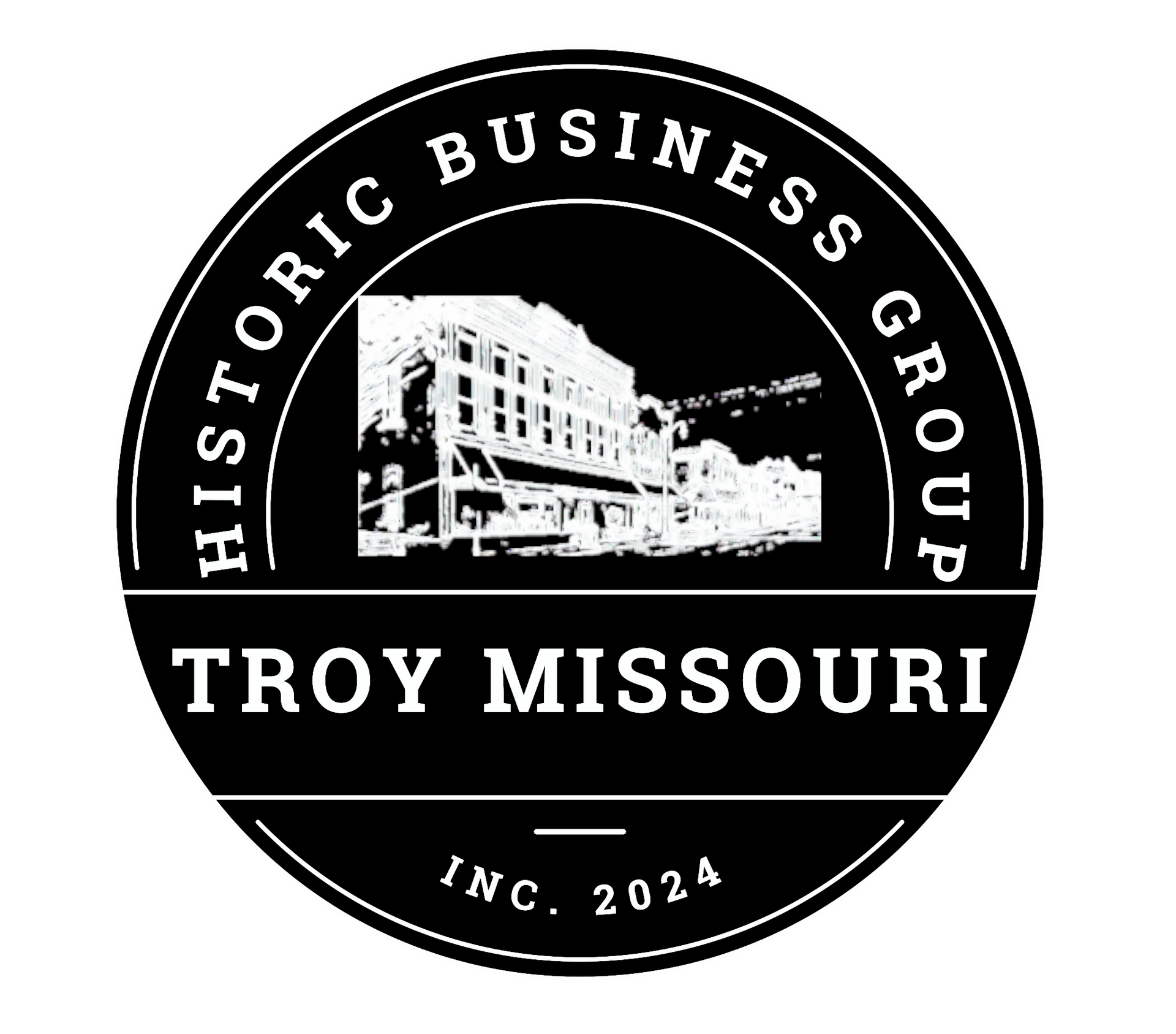 A black and white logo for troy missouri historic business group