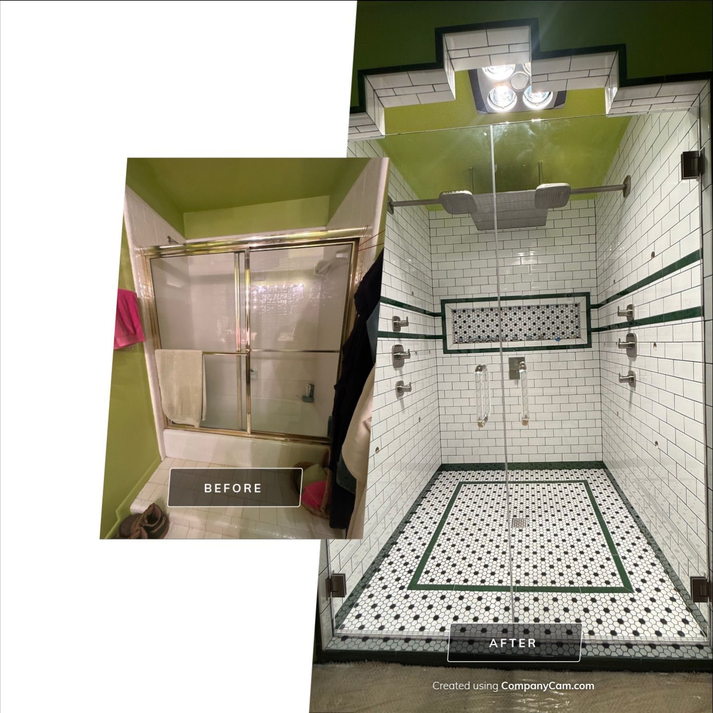 Before and after photos of a shower remodel, showing a new tile design with green accents.