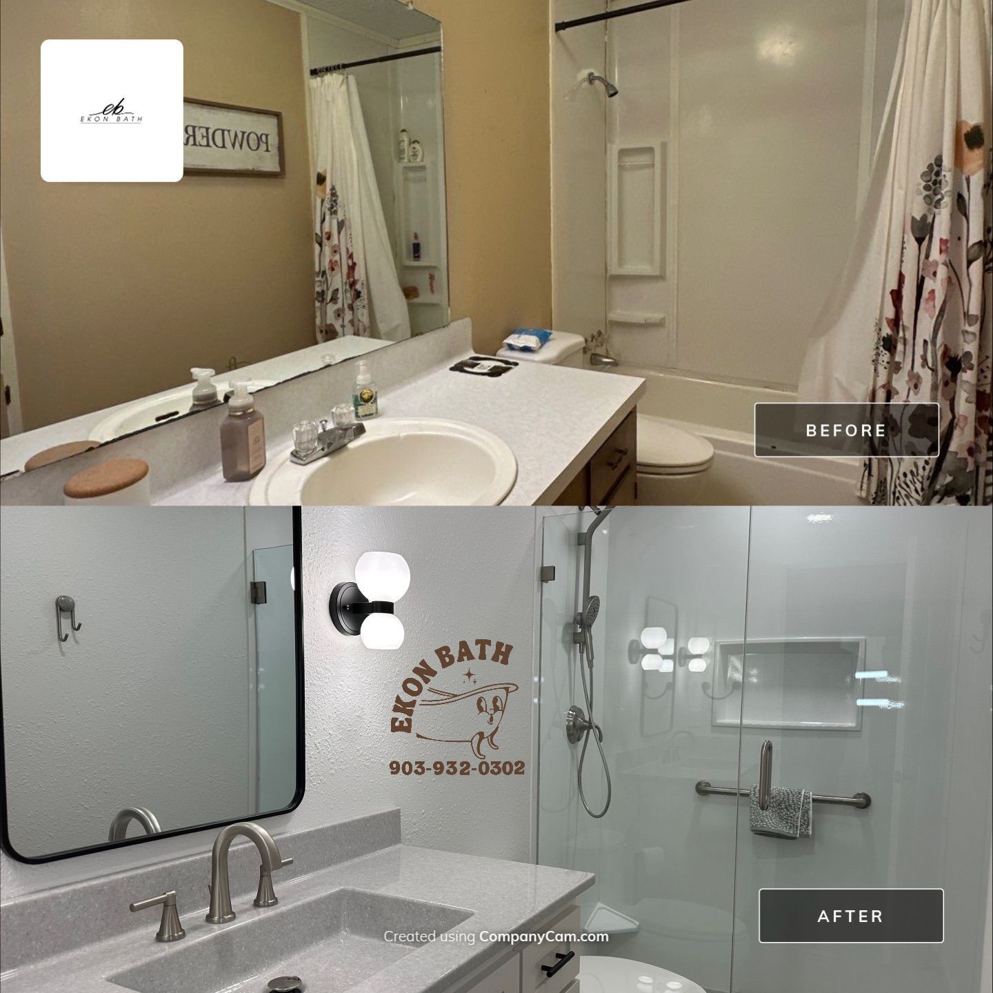 Before and after bathroom remodel: Beige walls, wood vanity replaced with white, glass shower.