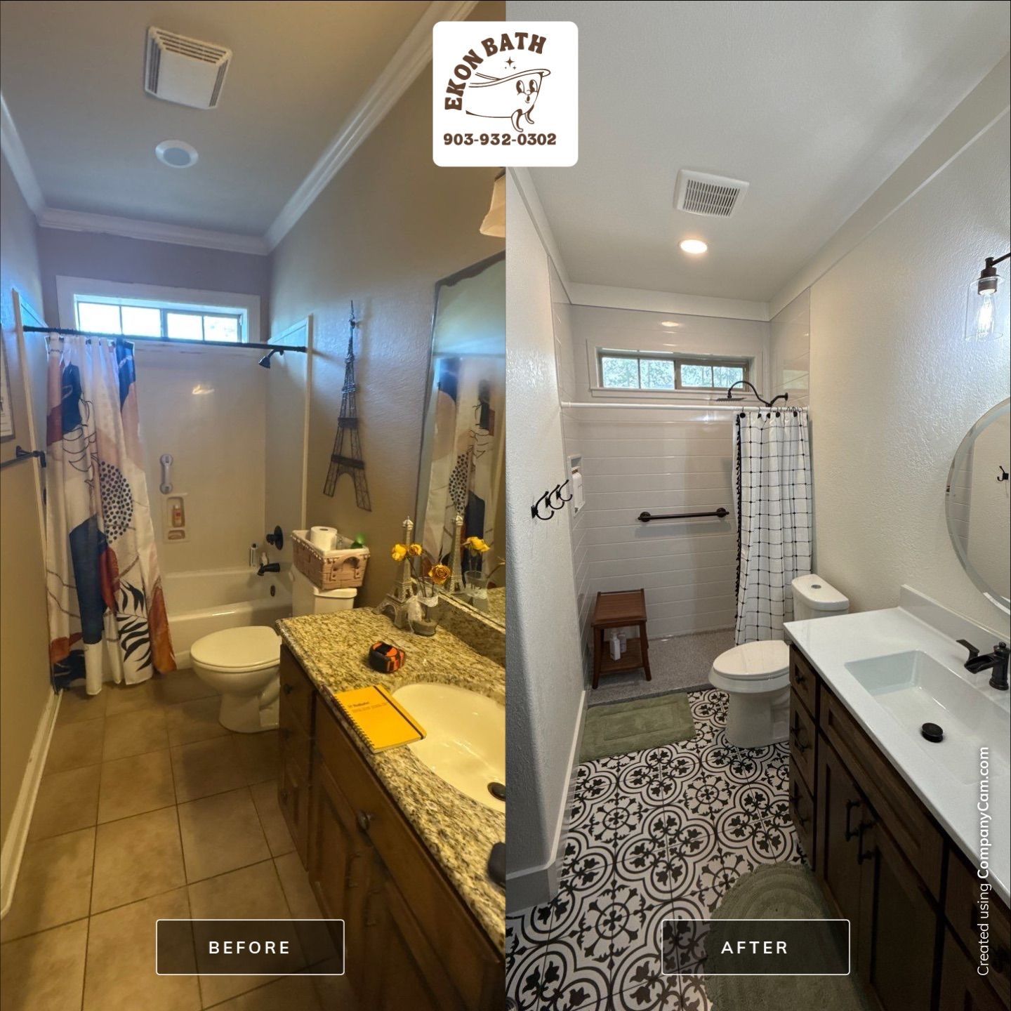 Side-by-side bathroom renovation: Before with tan walls, after with white walls, new tile, and fixtures.