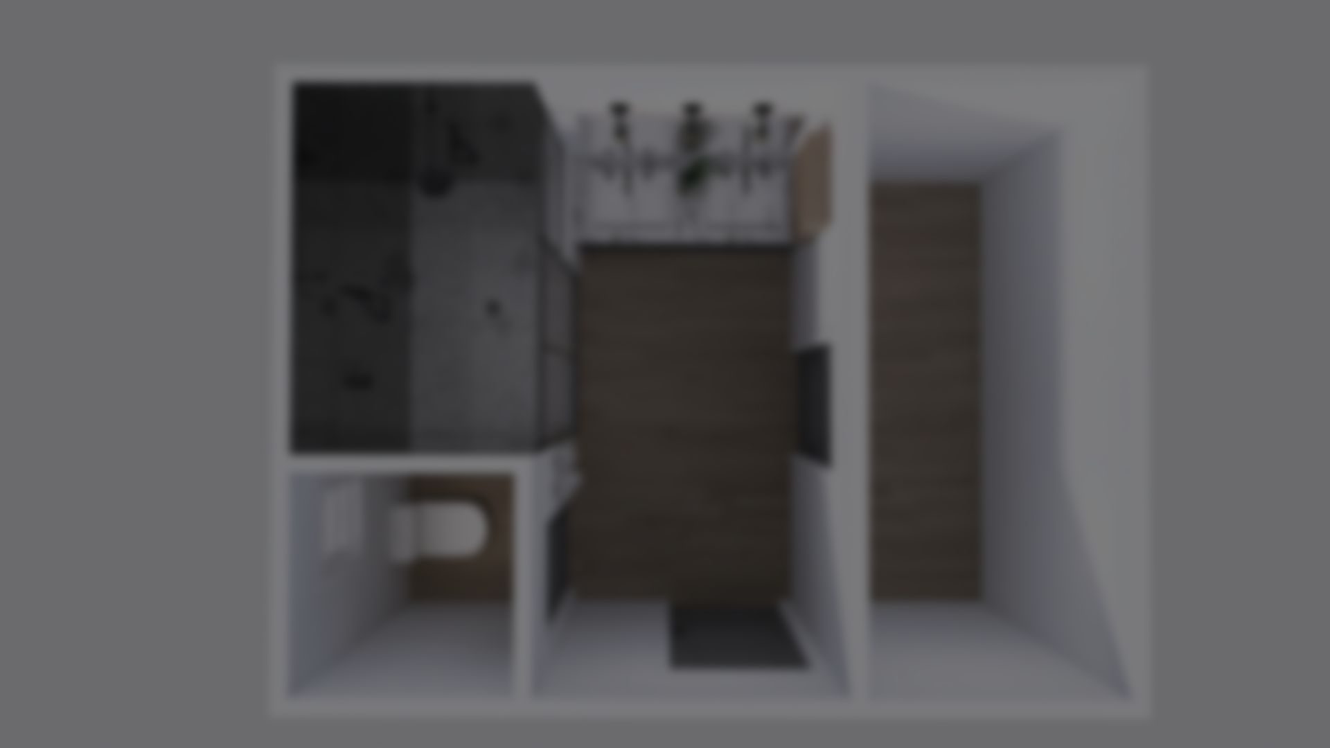 An aerial view of a bathroom with a toilet , sink and shower.