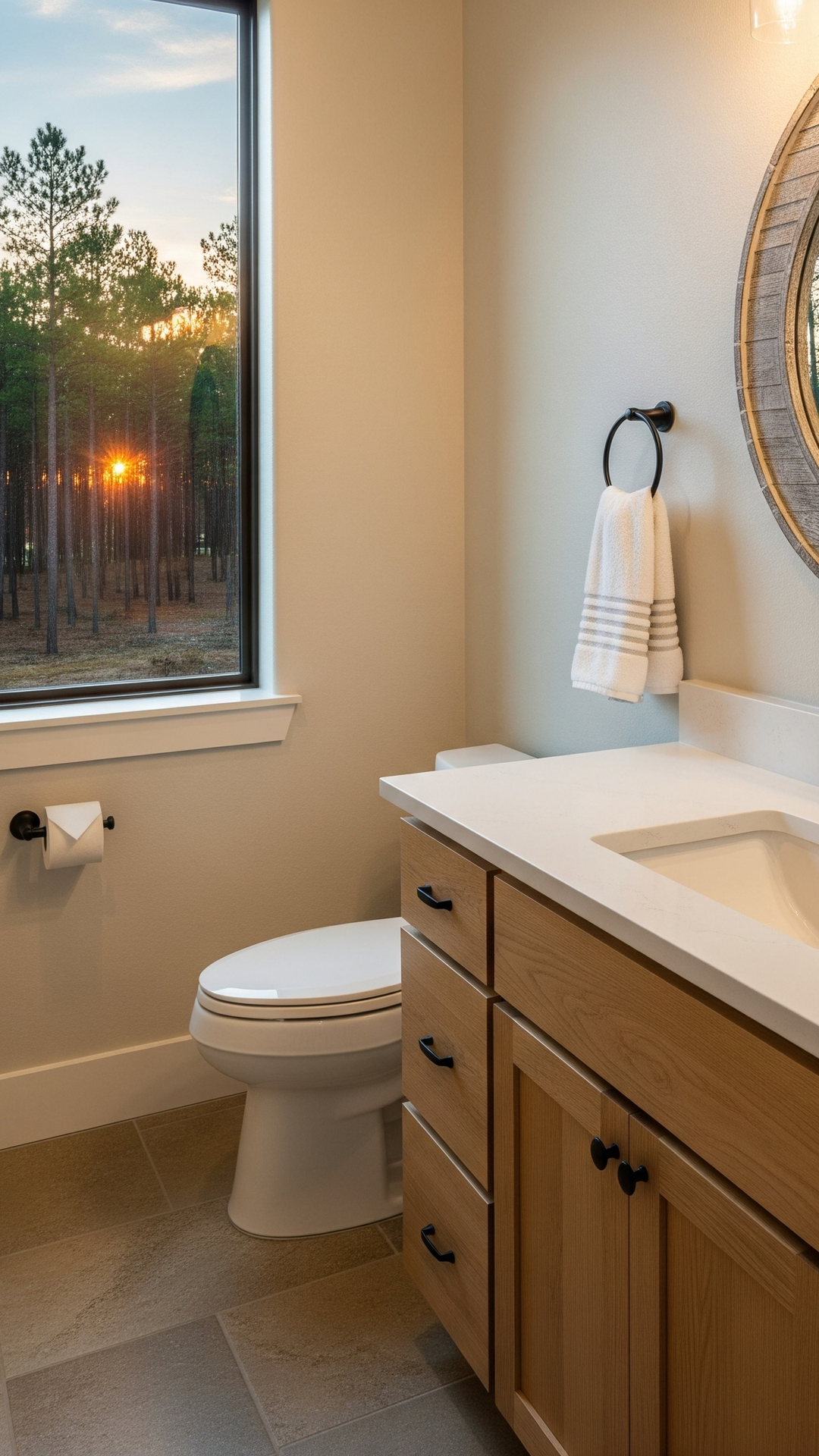 Bathroom with a wooden vanity, round mirror, and a window with a sunset view.