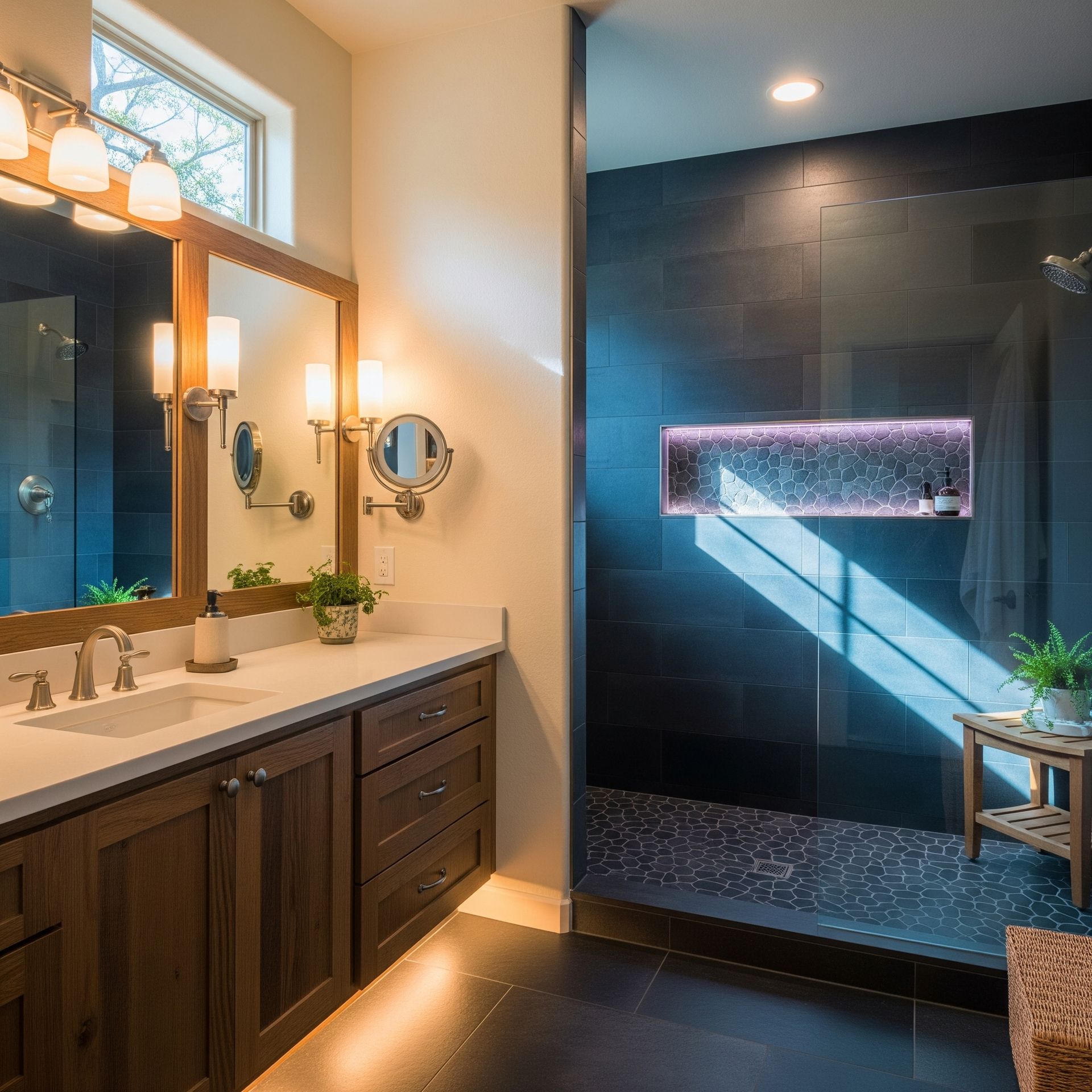 A bathroom with a sink , mirror and walk in shower