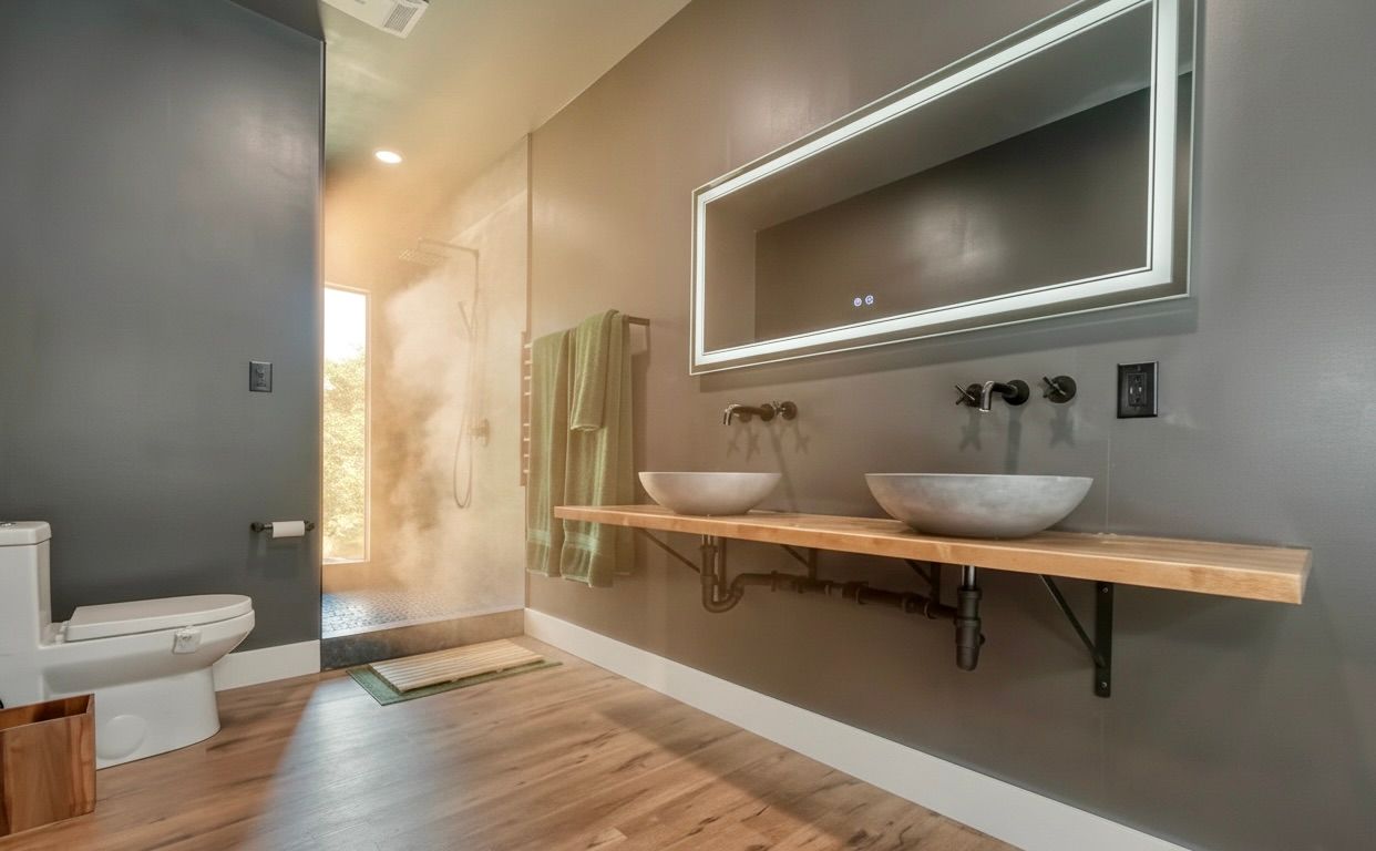 Modern bathroom with a wooden vanity, two vessel sinks, a large mirror, and a glass shower. Gray walls and wood flooring.