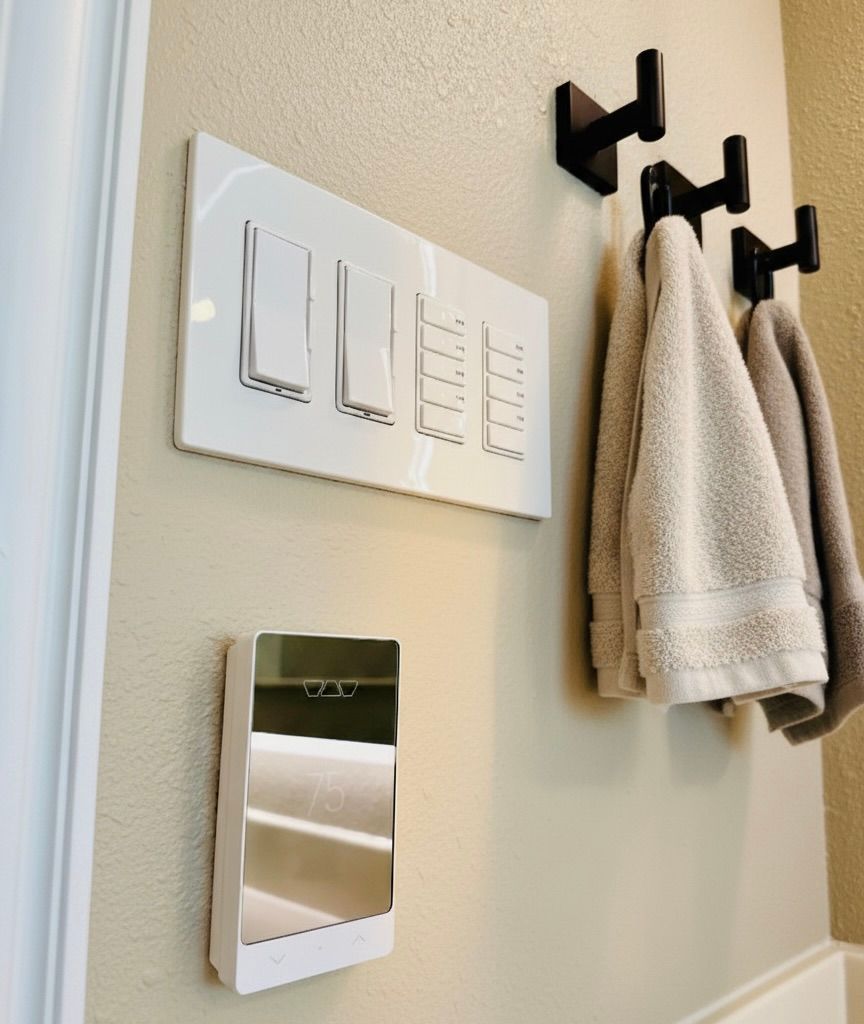 White Schluter Kerdi Heated Floor Thermostat Control on a beige wall in a bathroom. 