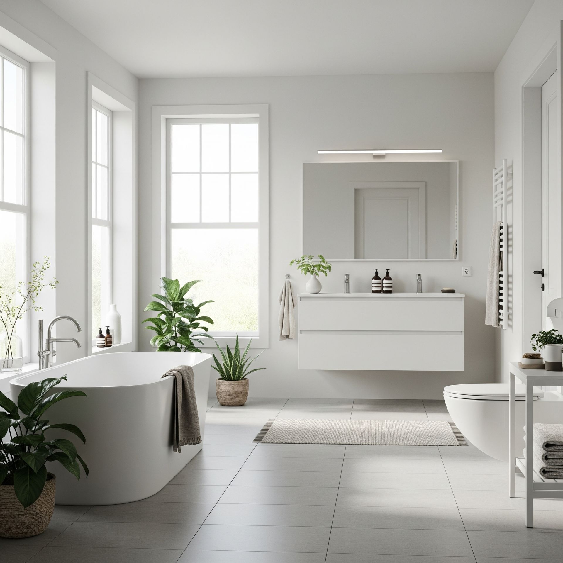A bathroom with a tub , sink , toilet and mirror