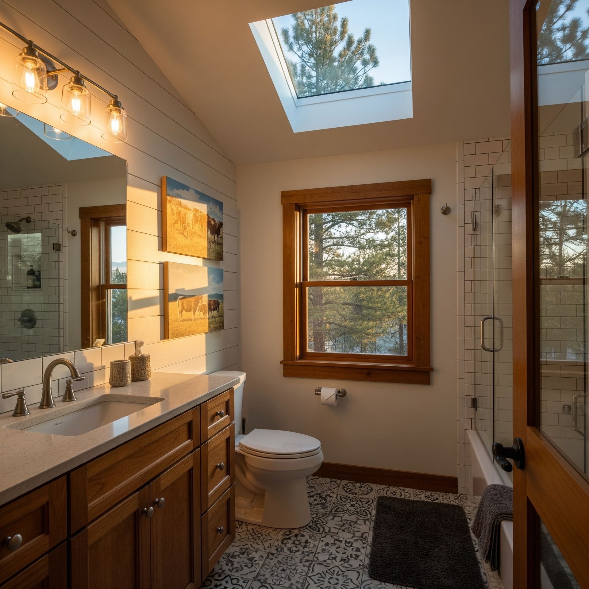 Warm 1930s renovated bathroom with Lincoln window skylight sunset light wood vanity shiplap subway